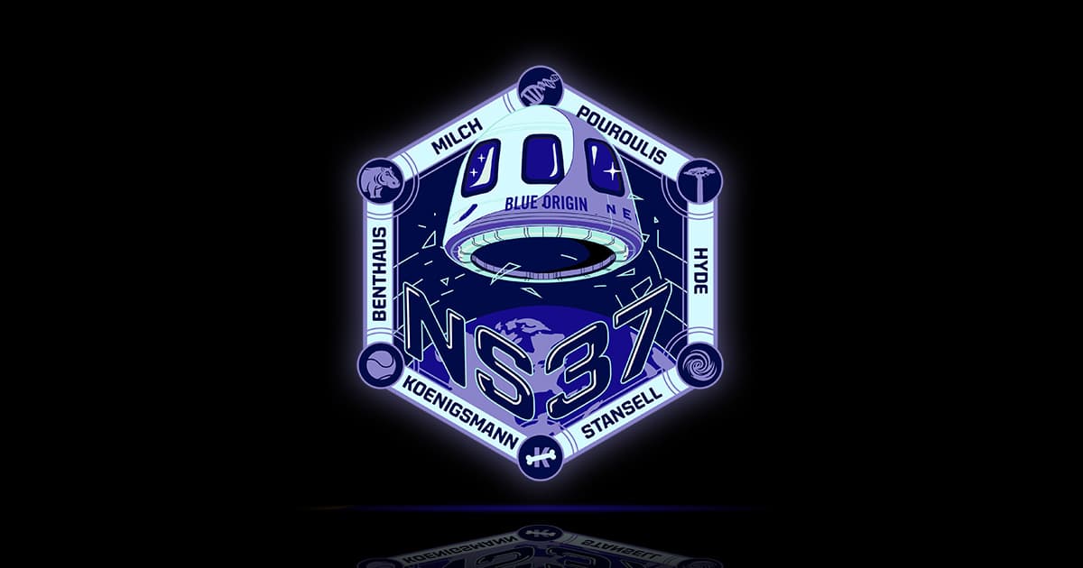 NS-37 patch featuring a hexagonal design with a stylized crew capsule in the center. Six crew member names are arranged around the edges.