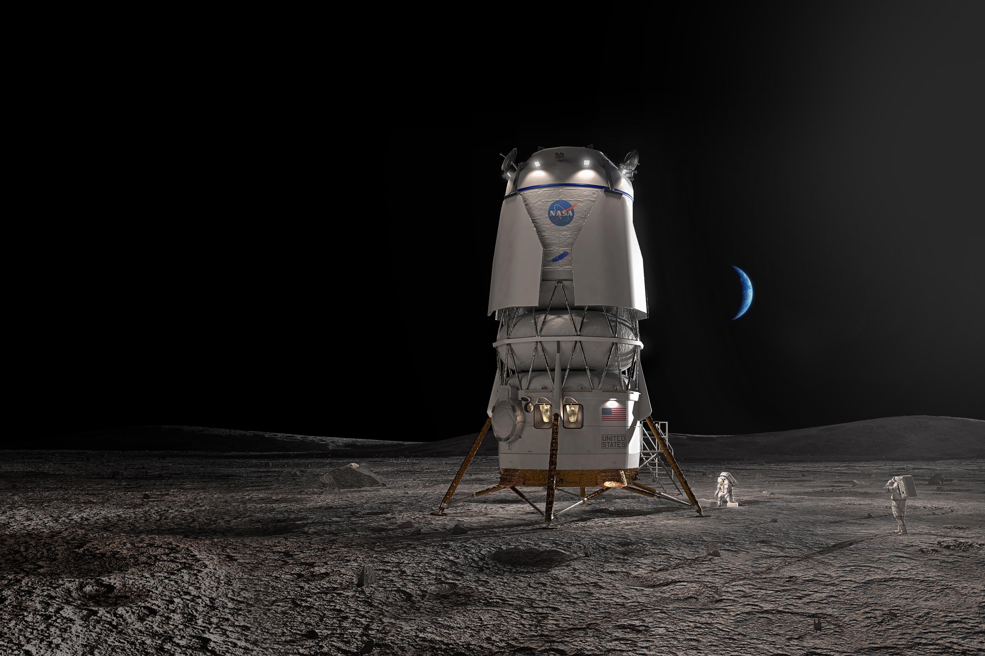 A rendering of Blue Origin's moon lander on the surface of the moon.