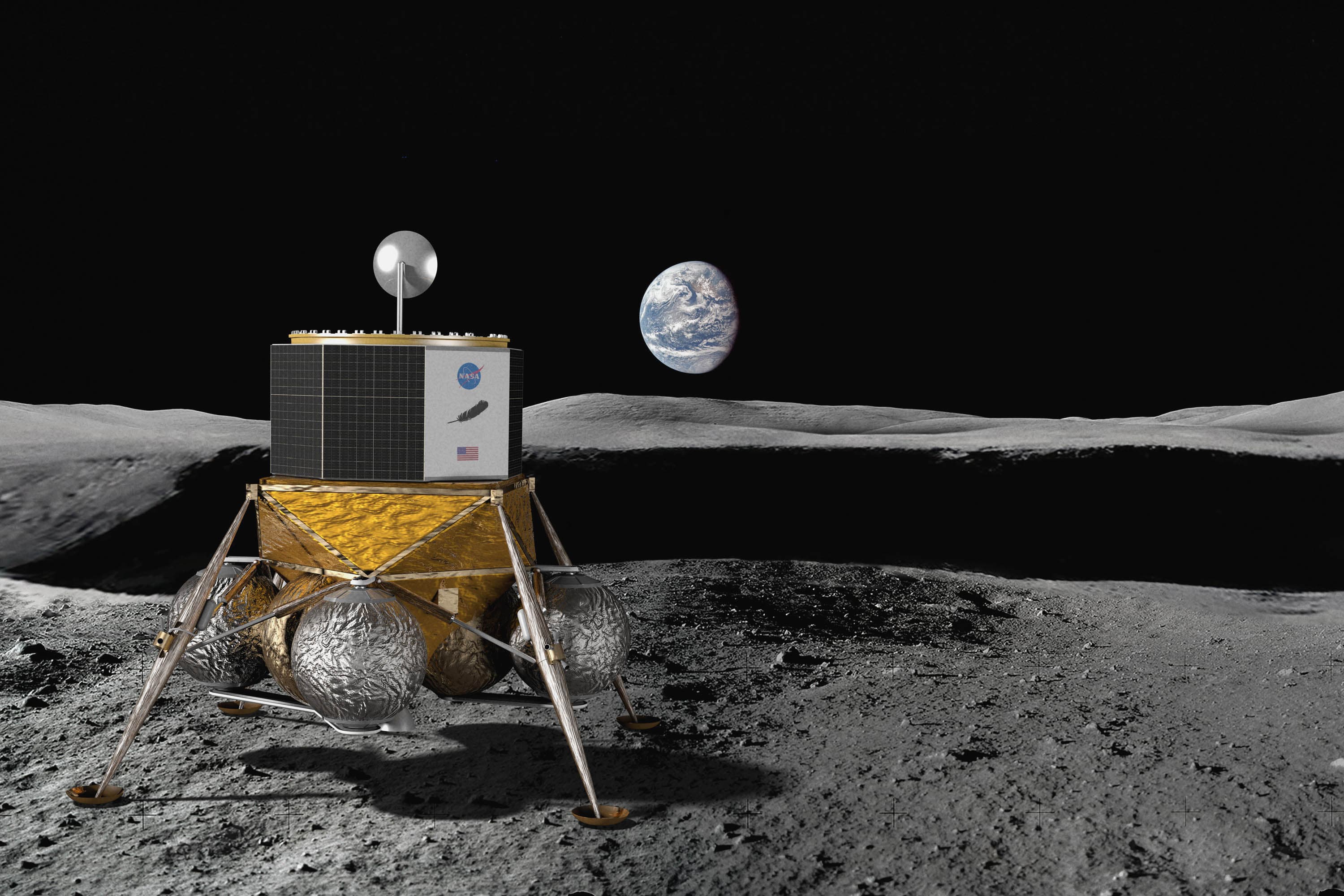 An early concept rendering of the Blue Moon lunar lander on the surface of the Moon.