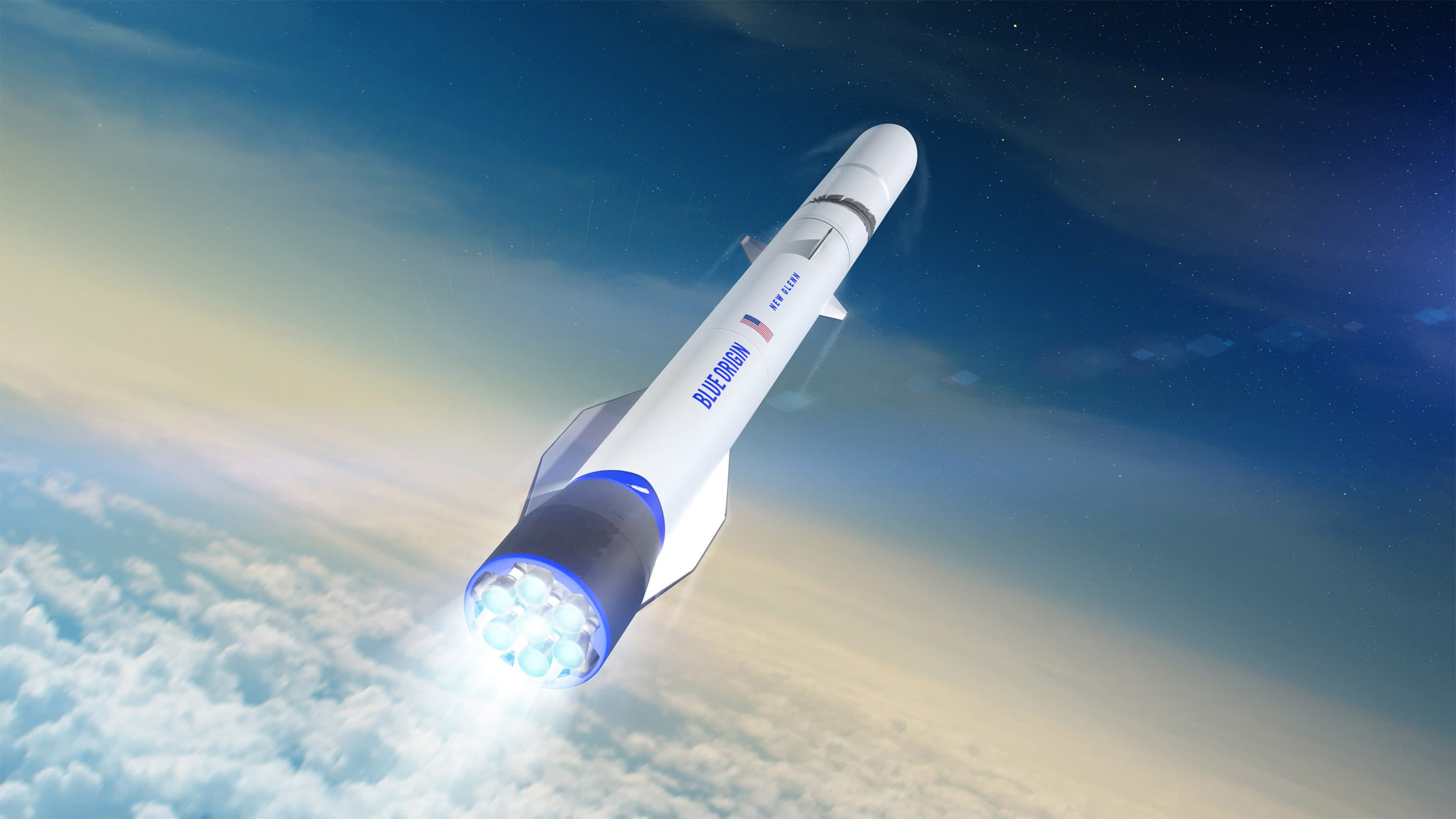 A rendering of the New Glenn orbital launch vehicle above the clouds.