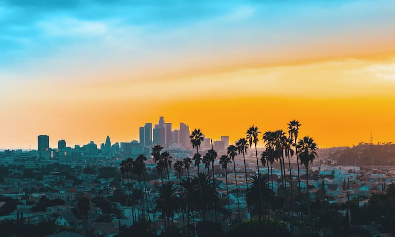 The Los Angeles skyline at sunset.