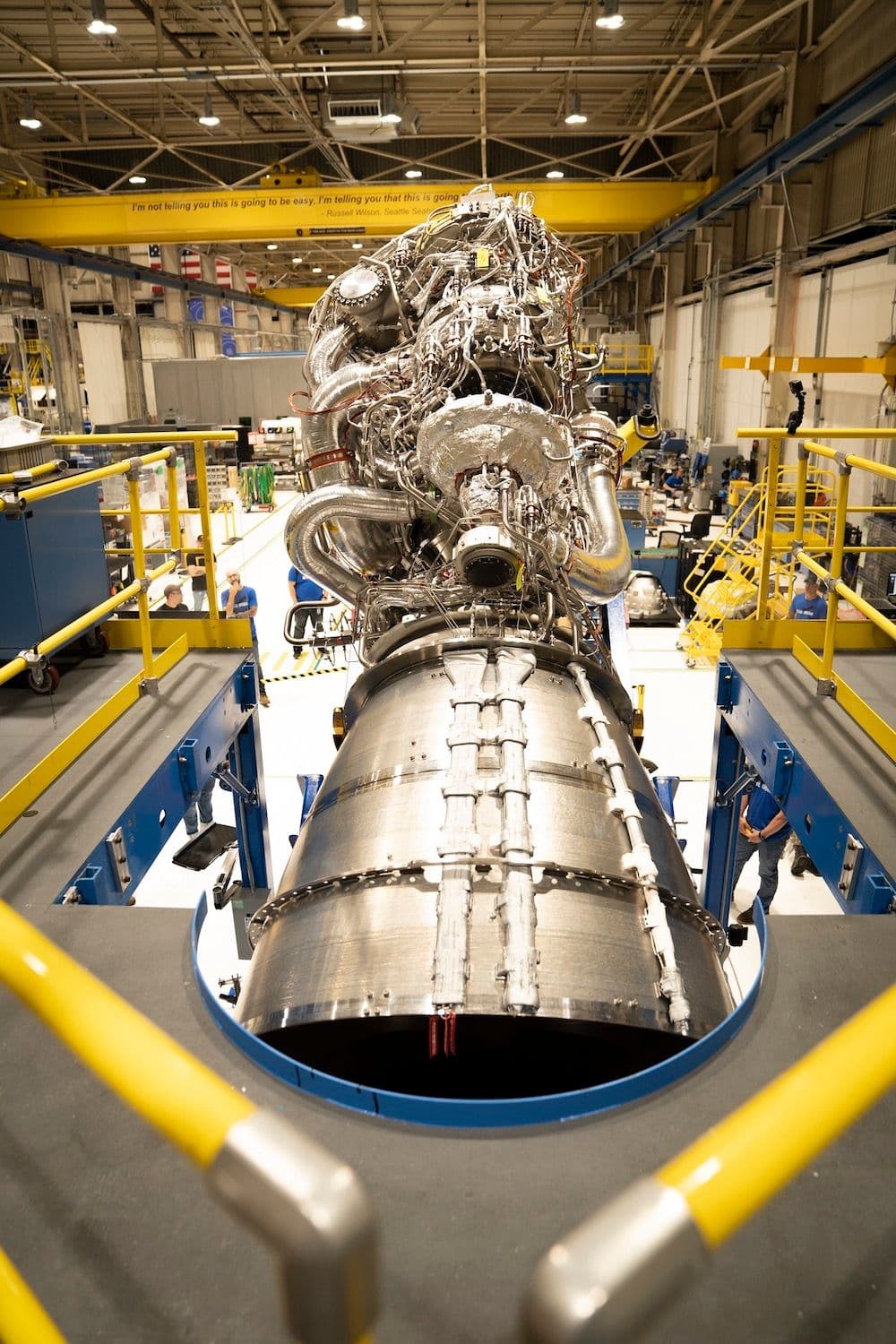 BE-4 Flight Engine #1 shown being tipped horizontally from the assembly stand in Kent, WA prior to shipping to West Texas in July 2022