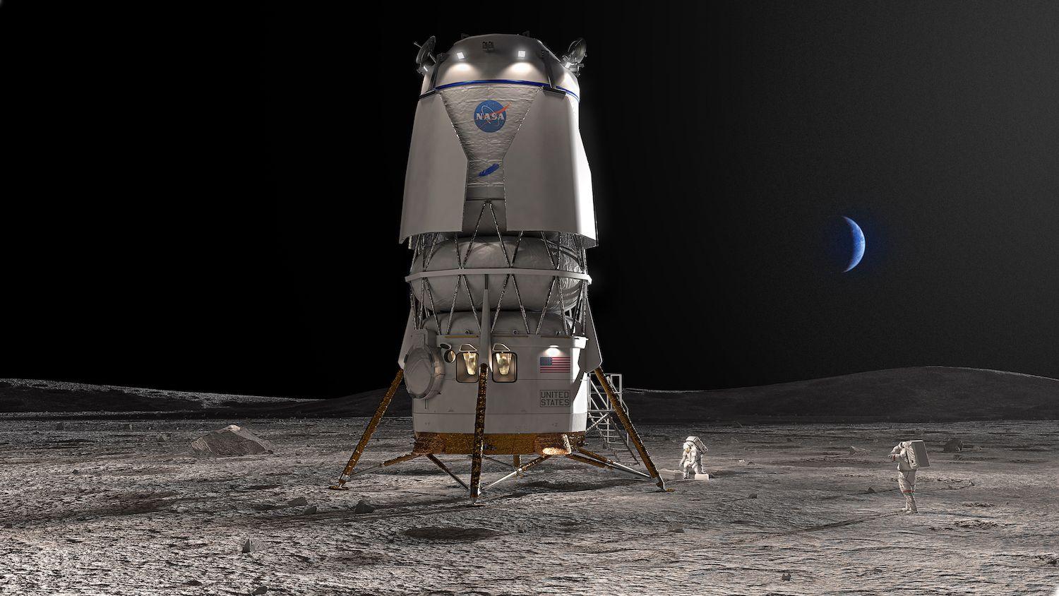 The rendering shows a white lunar lander with gold landing legs on the sandy, desolate surface of the Moon with two astronauts nearby. The lander displays the Blue Origin feather and NASA logos.