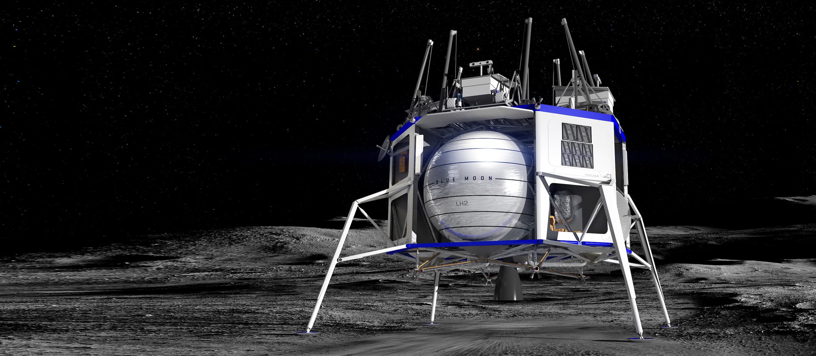 The rendering shows the Blue Moon lunar lander on the Moon against the starry backdrop of space. The lander has a round tank in the center and blue accents.