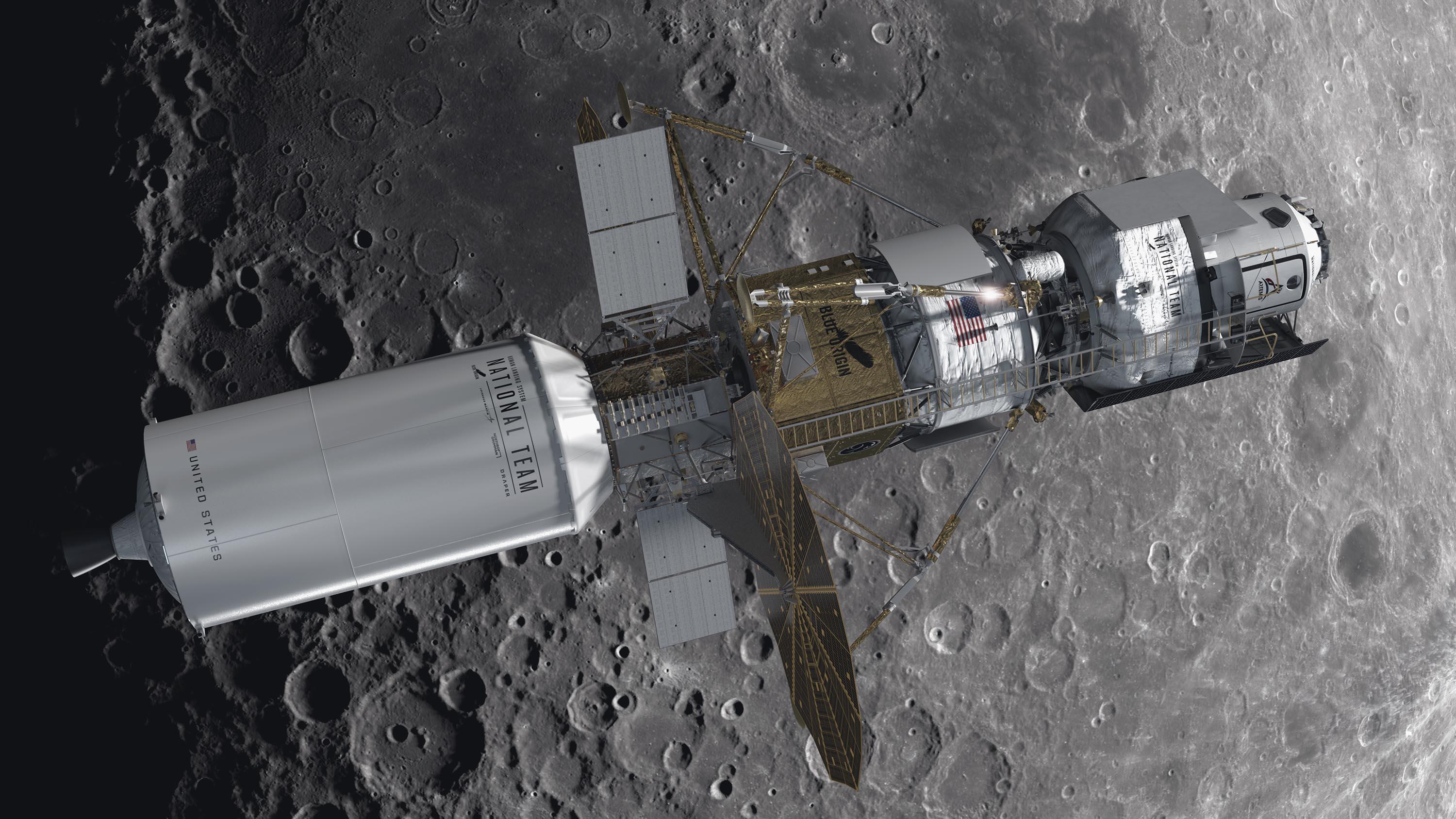 A rendering of the National Team's proposed integrated lunar lander design orbiting around the Moon.