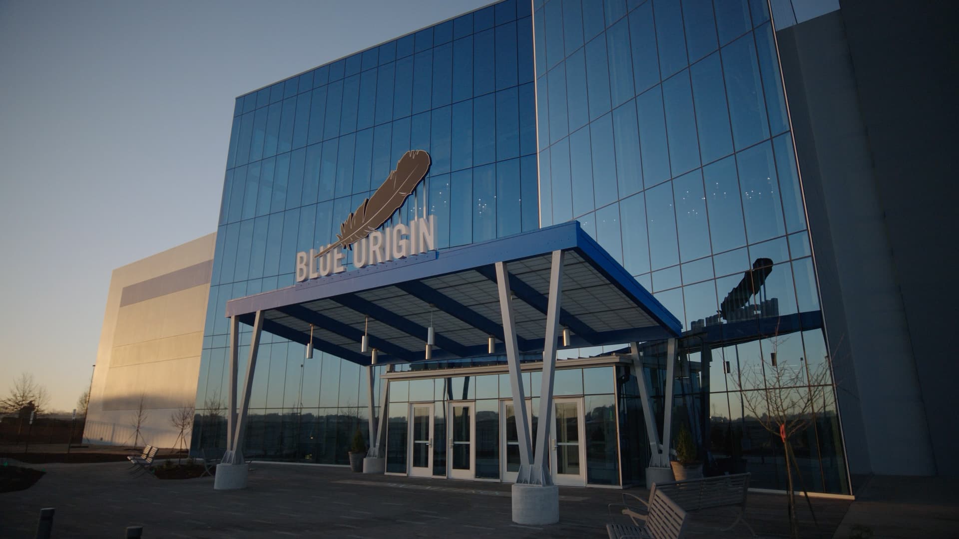 The front entrance of Blue Origin's engine factory in Huntsville, Alabama