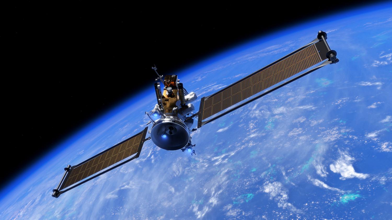 A spacecraft platform in space, above Earth.