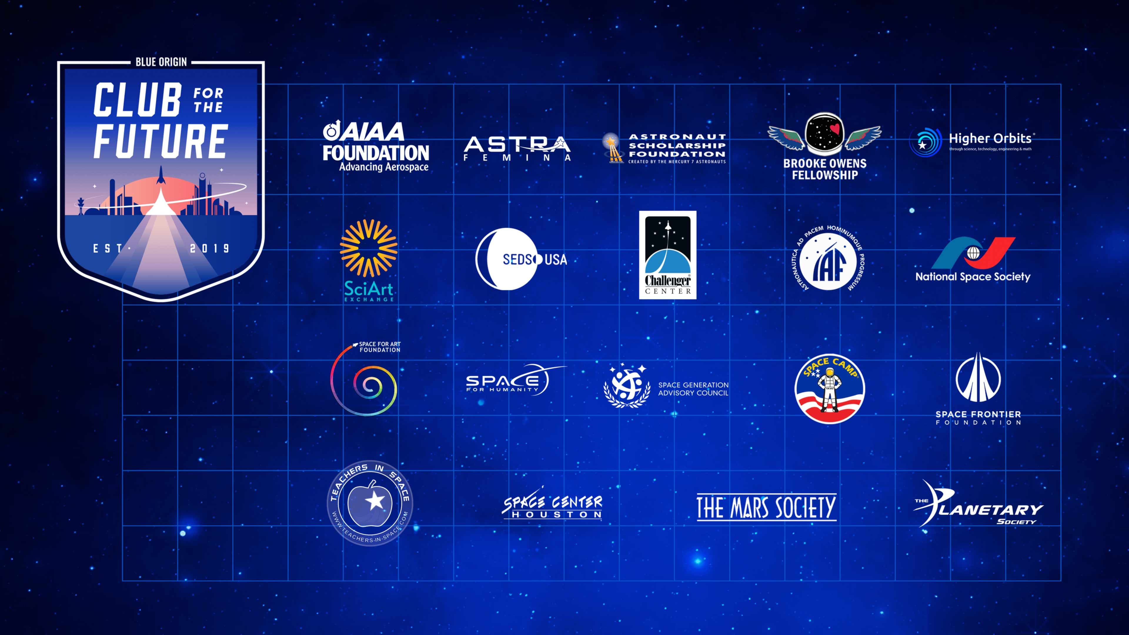 Logos for each of the 19 charitable organizations selected by Club for the Future to receive grant money stemming from the sale of New Shepard’s first seat.