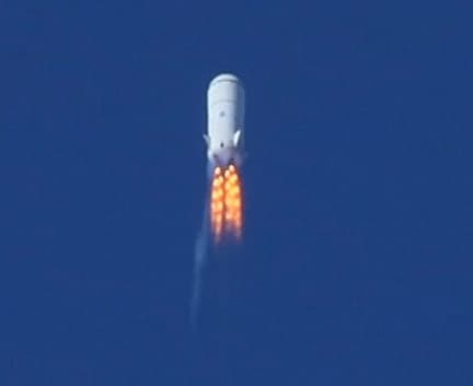 Goddard, the first development vehicle in the New Shepard program, lifts off.