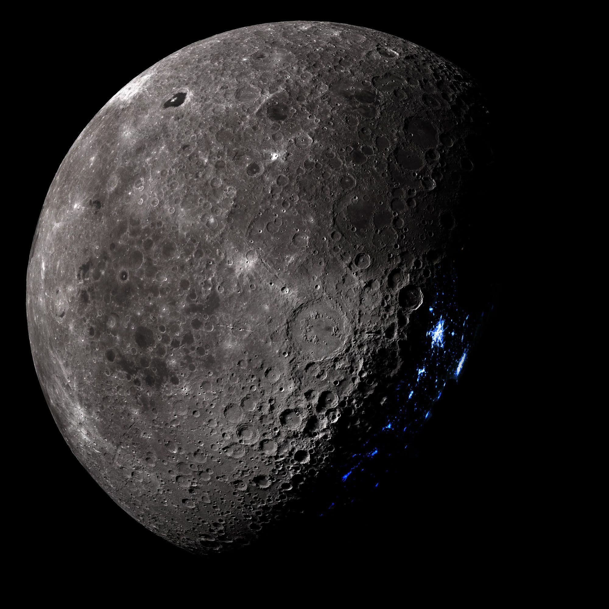 The gray, cratered face of the Moon depicted with blue lights from human settlements spreading across the lunar surface.