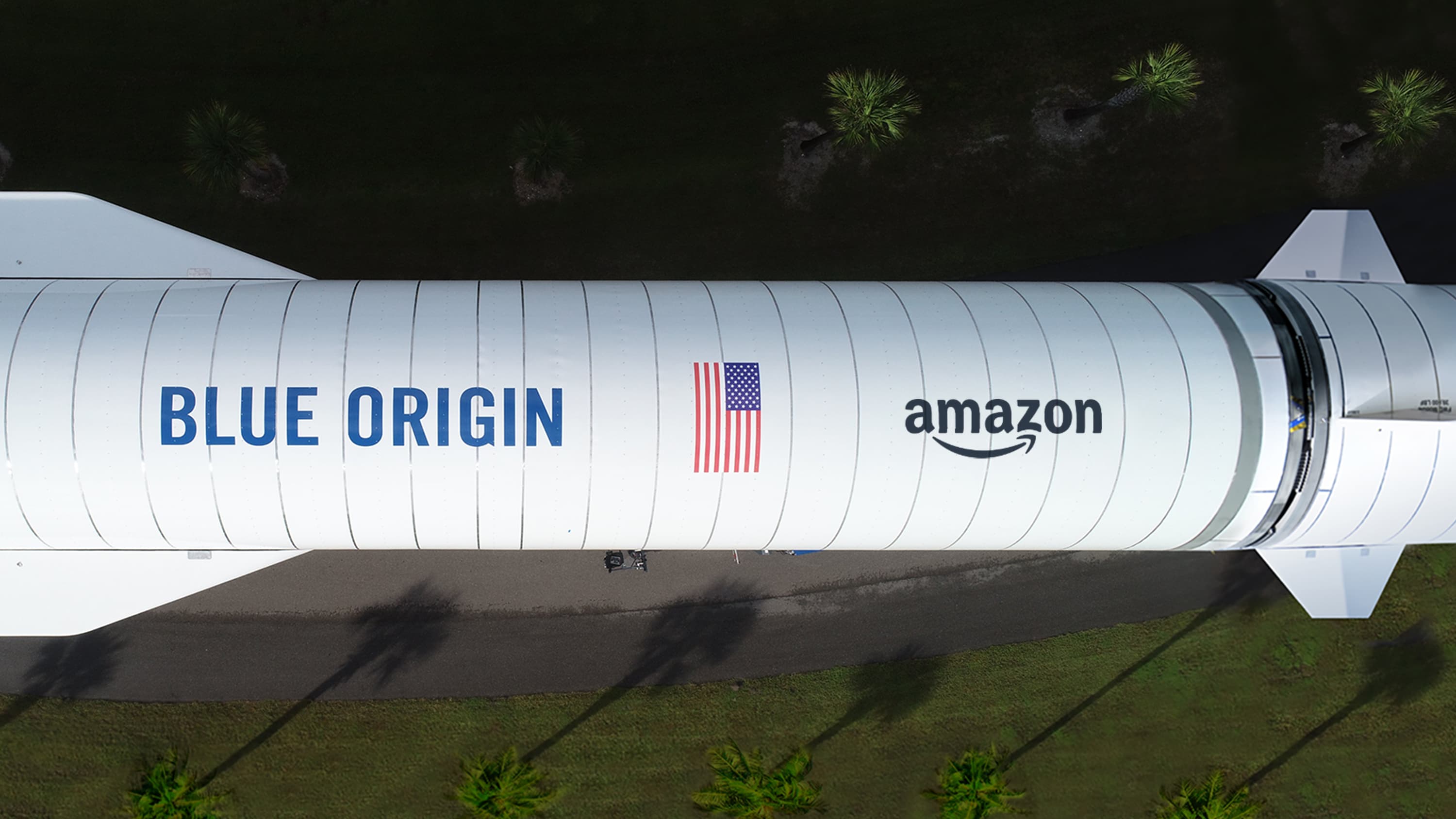 New Glenn's second stage viewed from above with Blue Origin and Amazon logos.