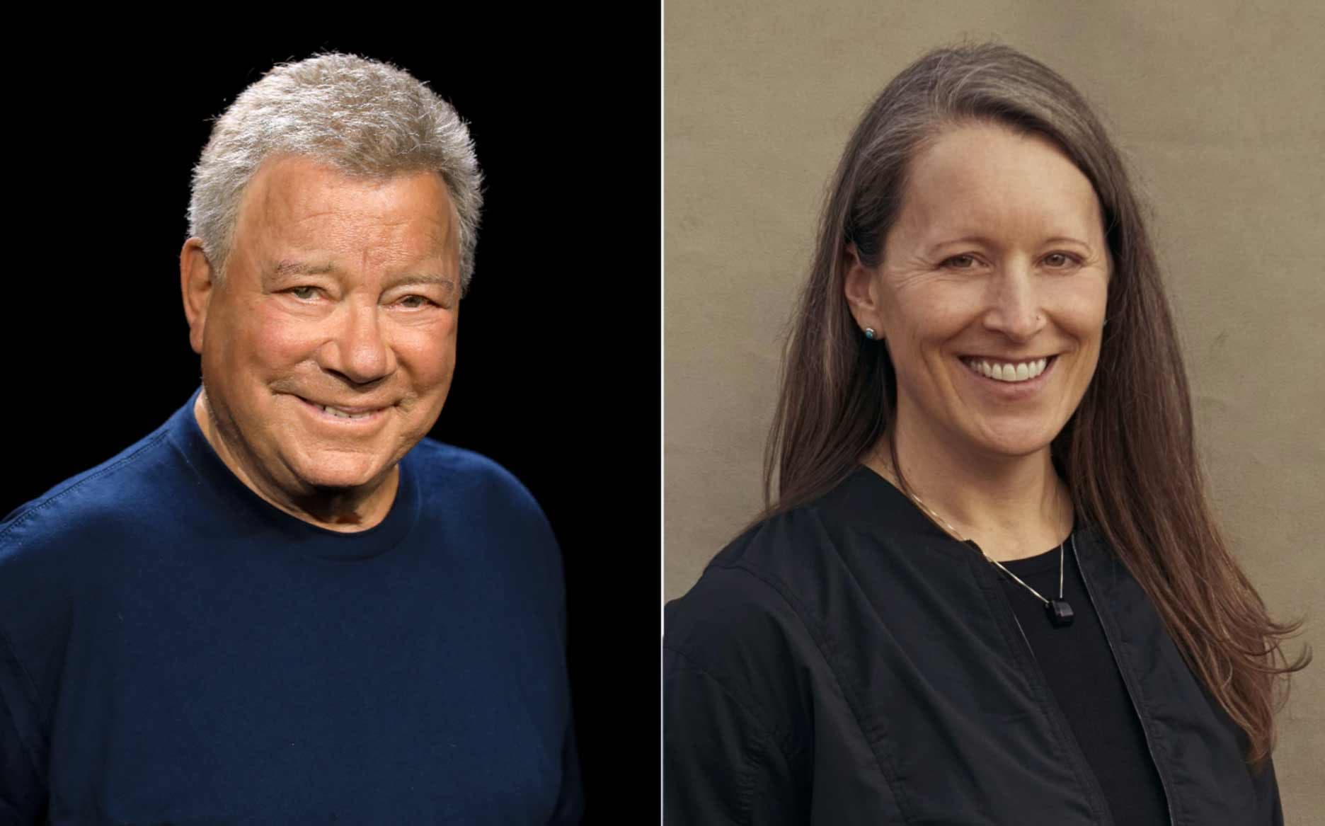 Headshots of William Shatner (L) and Audrey Powers (R).