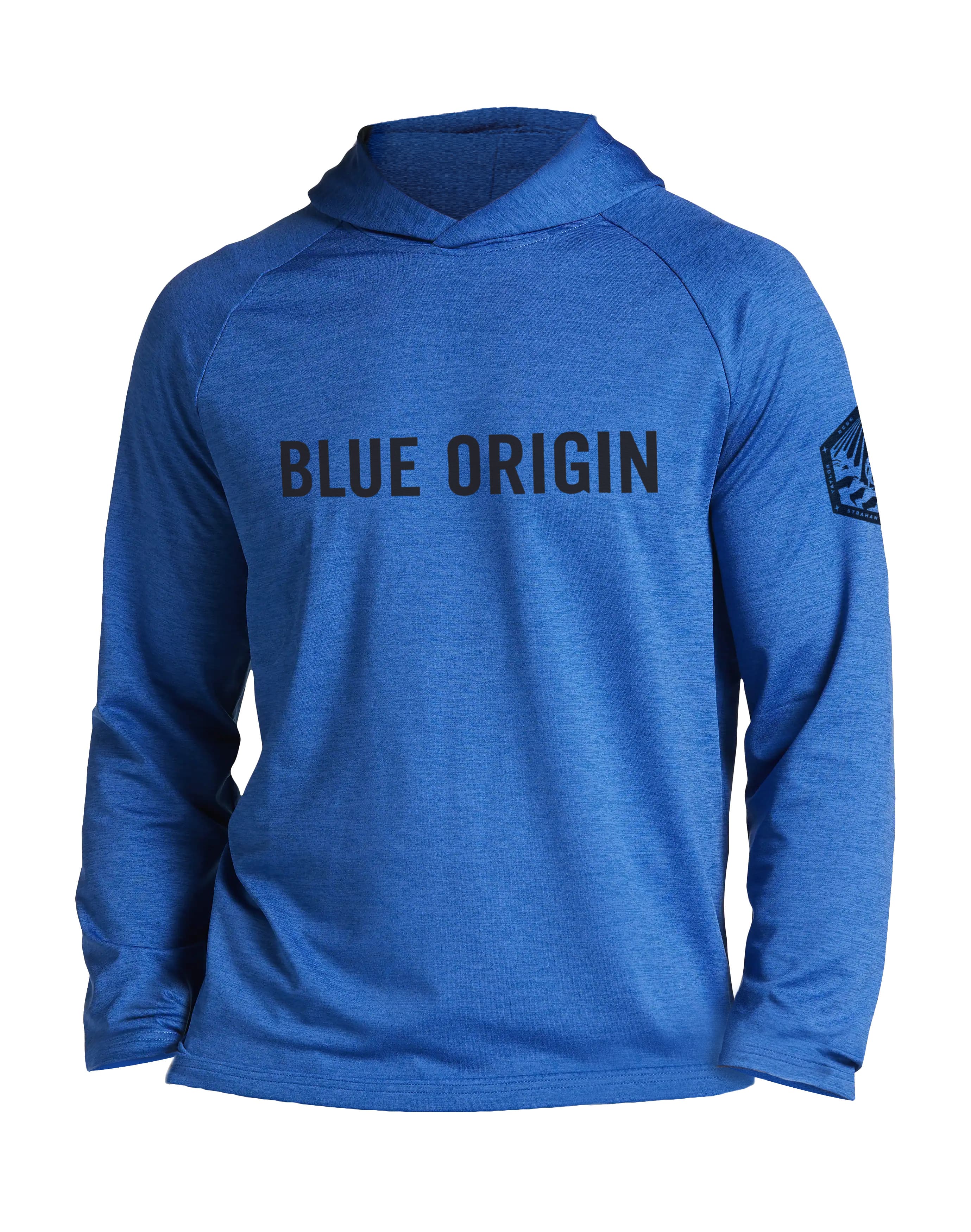 A blue sweatshirt featuring ‘Blue Origin’ across the chest and the NS-19 mission patch on the shoulder.