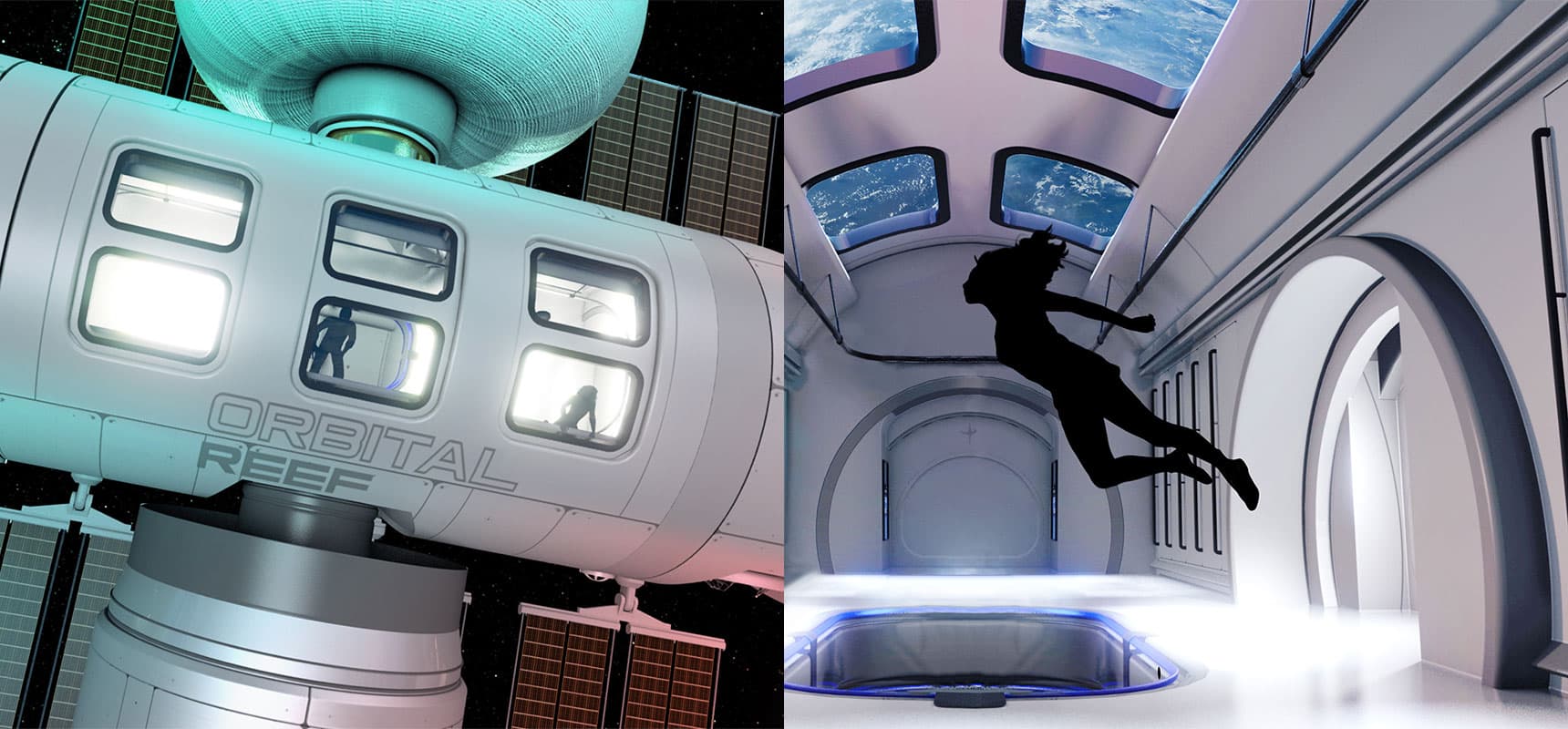 An external (L) and internal (R) rendering of Orbital Reef, a commercially developed, owned, and operated space station to be built in low Earth orbit.