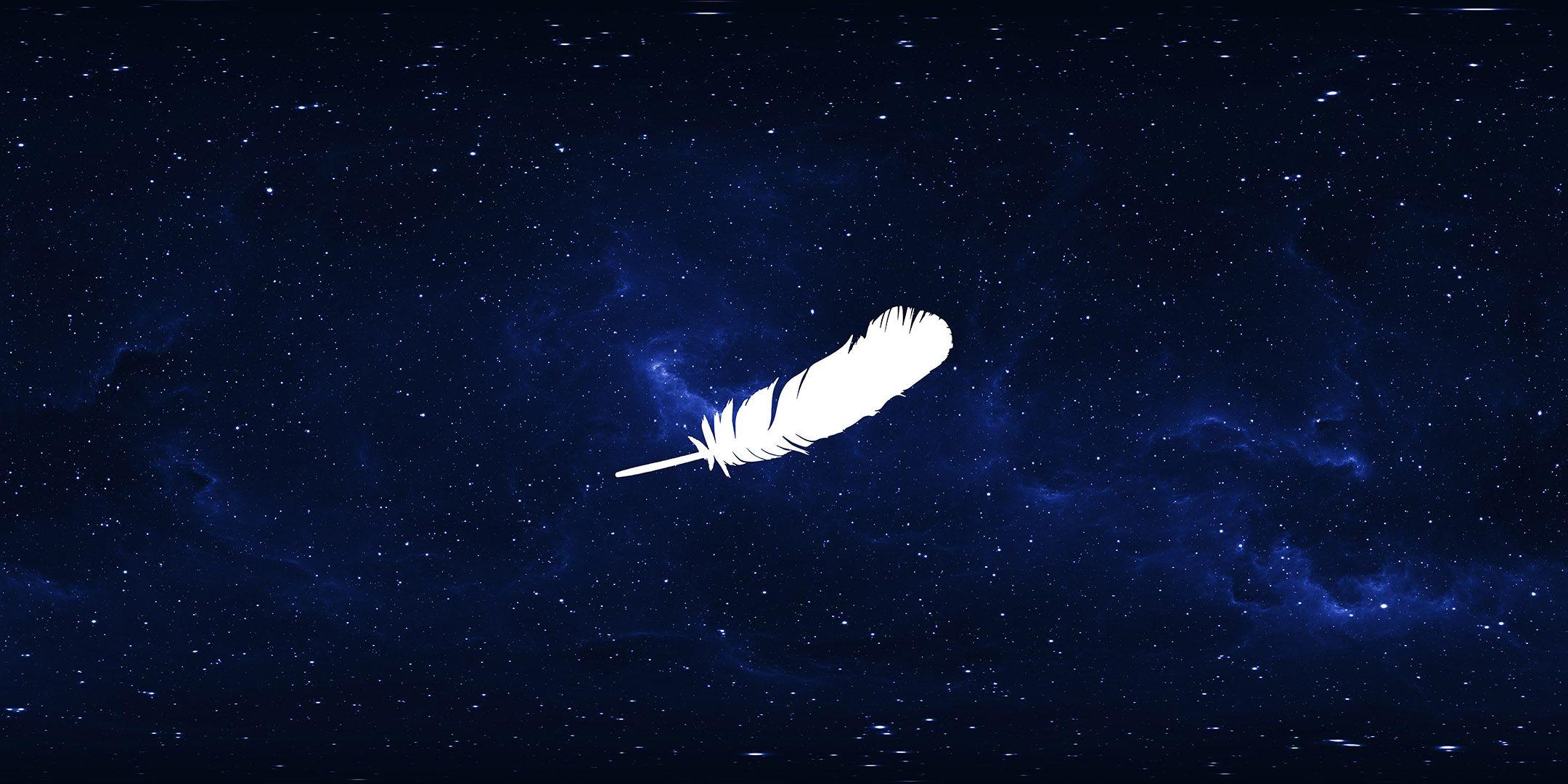 The Blue Origin feather logo against a starry sky.