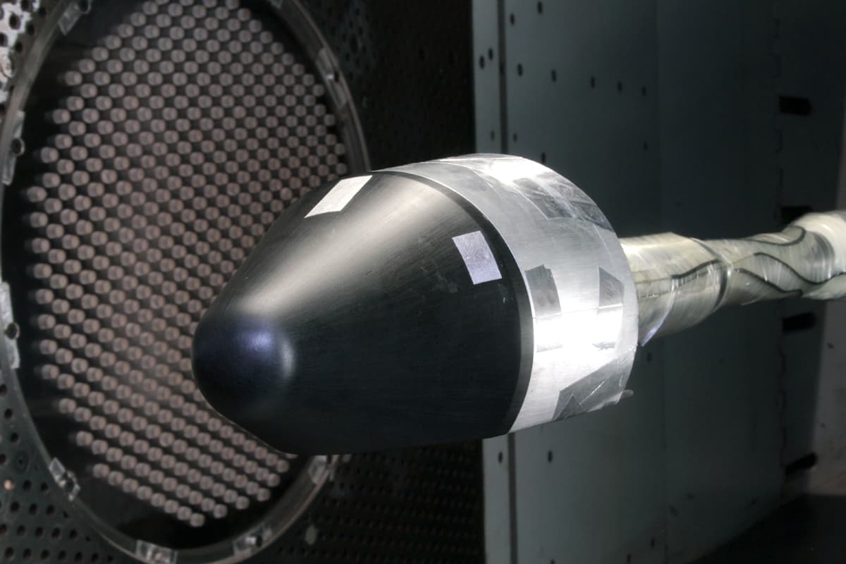 A Blue Origin space vehicle during a wind tunnel test.